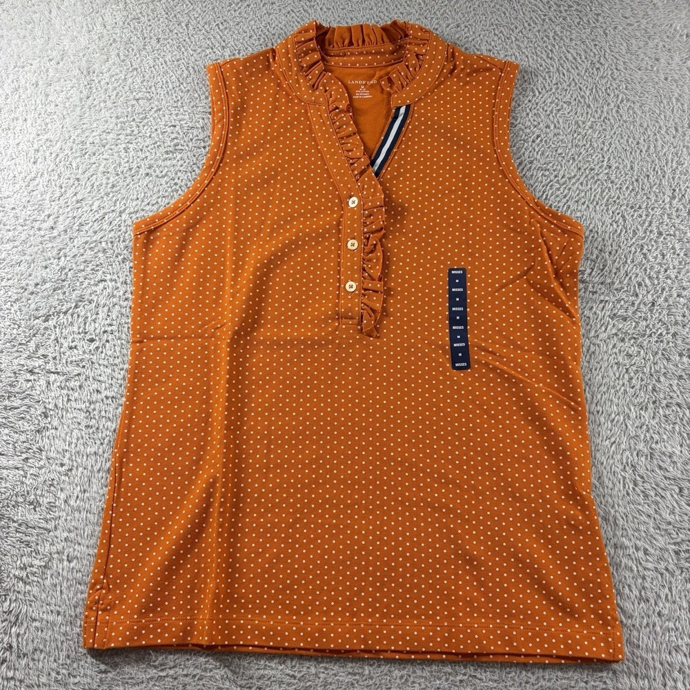 Land's End Sleeveless Top‎ Shirt Womens Medium 10-12 Orange Polka Dot Ruffle